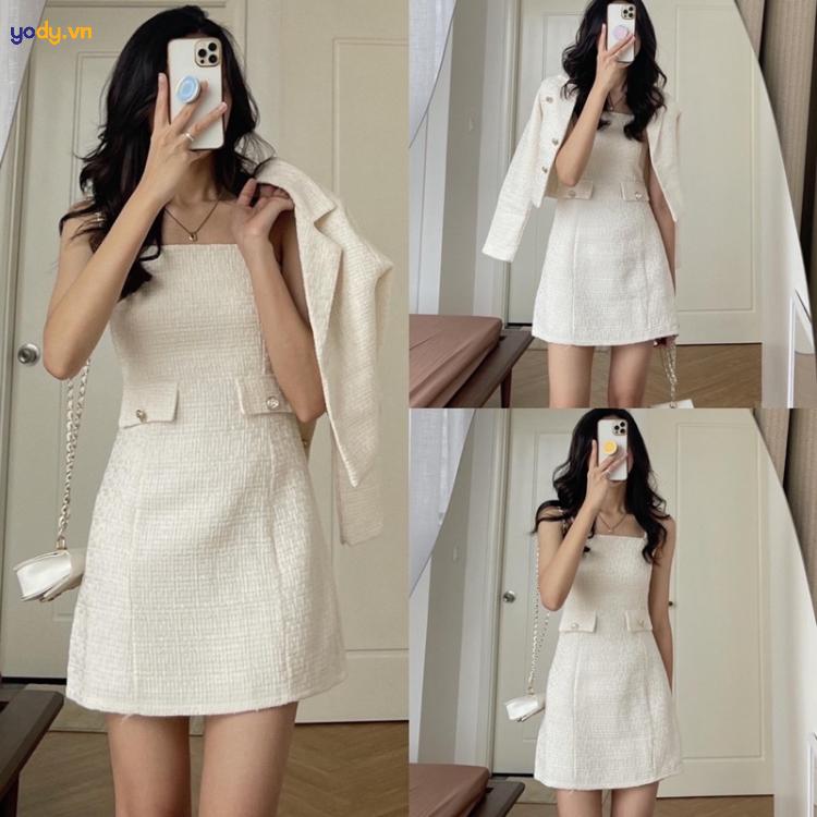 mix váy 2 dây với áo khoác