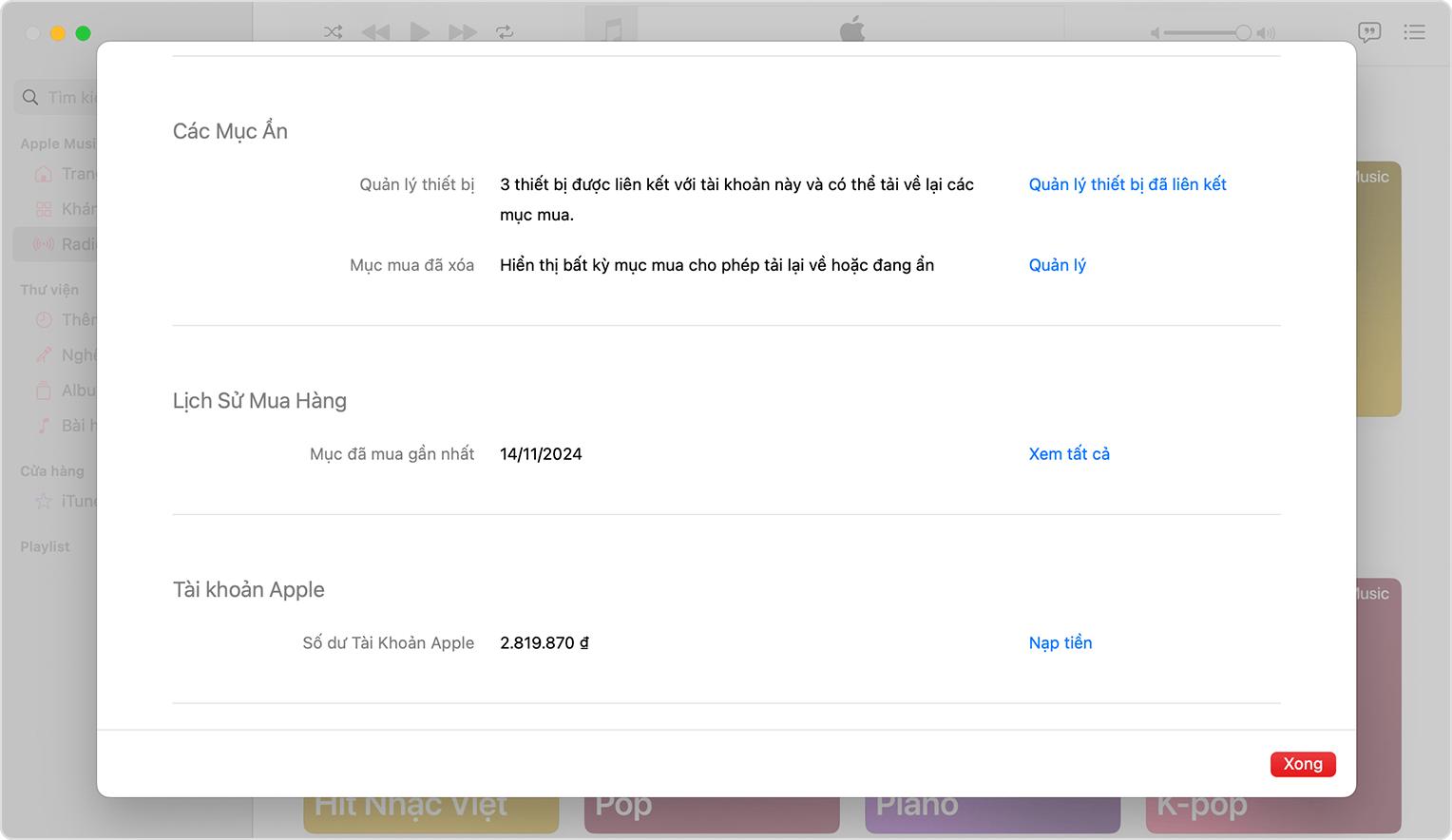 Xem và xóa các thiết bị được liên kết với Tài khoản Apple dùng để mua hàng