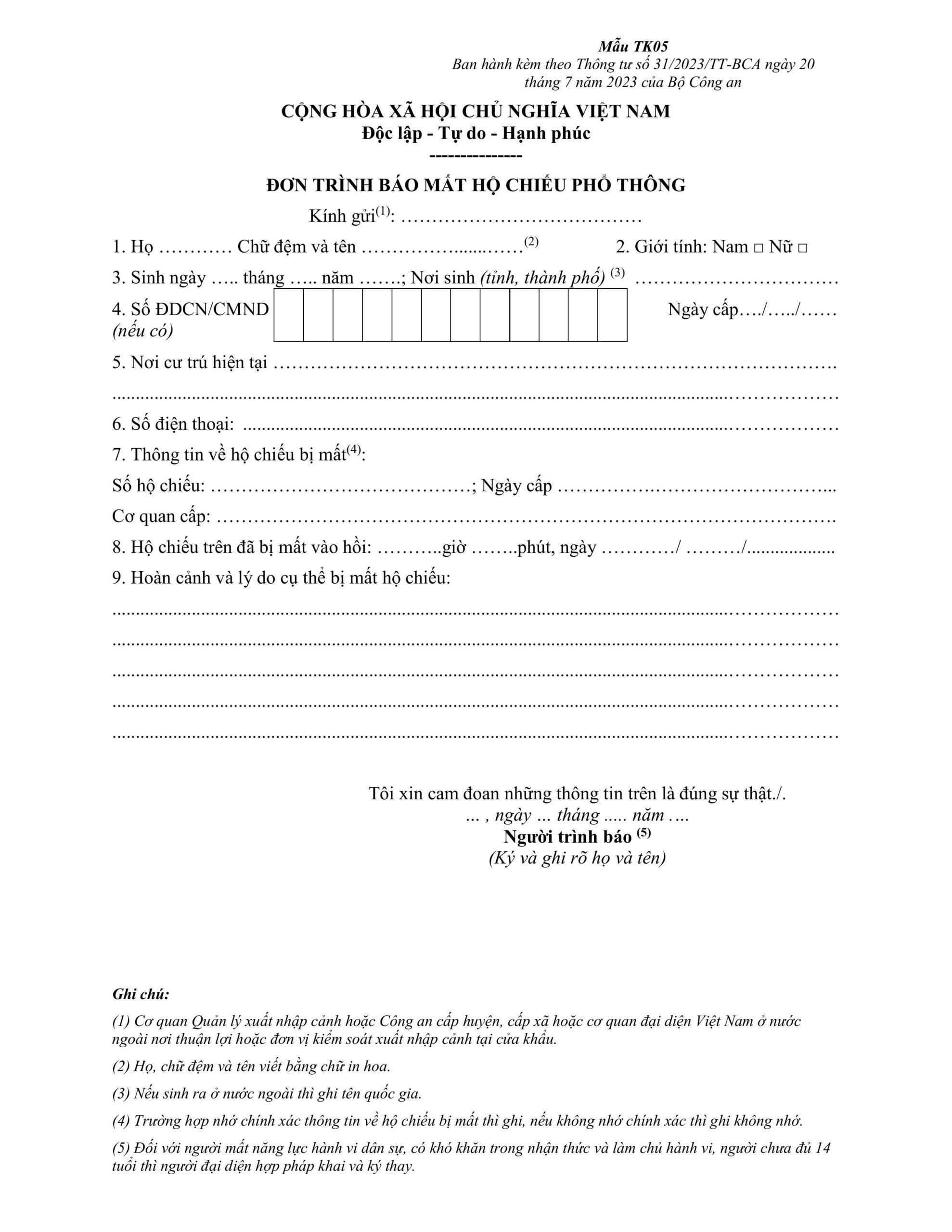 HƯỚNG DẪN VIẾT ĐƠN TRÌNH BÁO MẤT HỘ CHIẾU – TK05