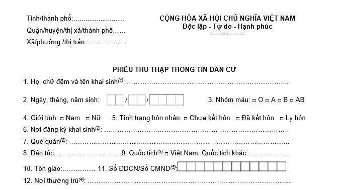 Mẫu phiếu thu thập thông tin dân cư (Mẫu DC01) và cách ghi