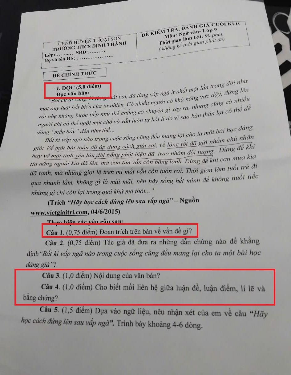 Đề kiểm tra cuối kỳ Ngữ văn lớp 9 nhiều "sạn", Hiệu trưởng THCS Định Thành nói gì?