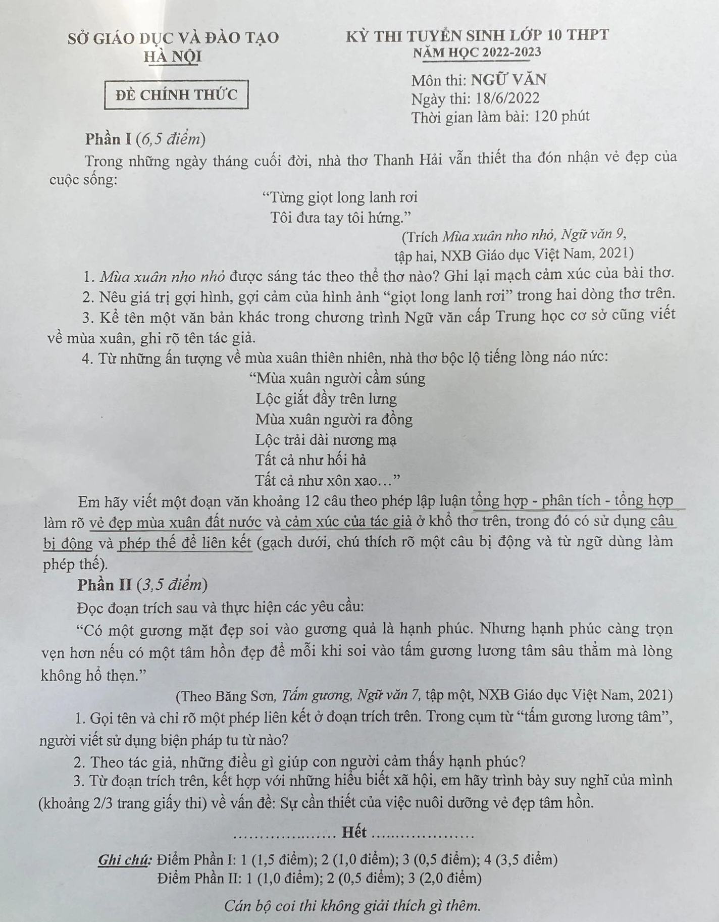 "Mùa xuân nho nhỏ" của Thanh Hải vào đề thi Ngữ văn lớp 10 Hà Nội