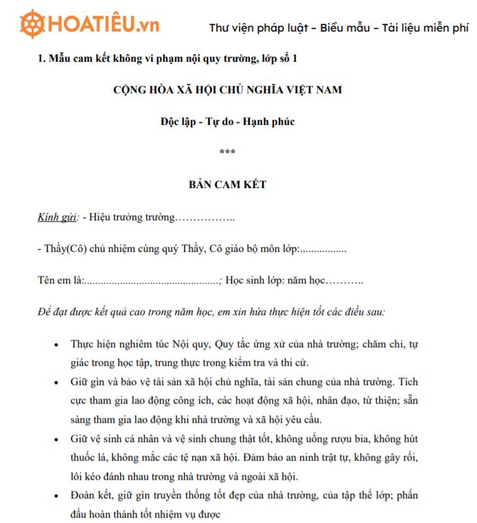 Mẫu cam kết thực hiện nội quy, quy chế cho sinh viên ở KTX