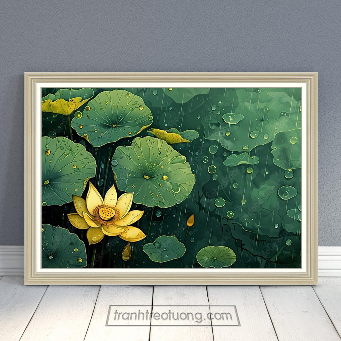 Mẫu tranh đầm hoa sen vàng dưới mưa đẹp THS0992