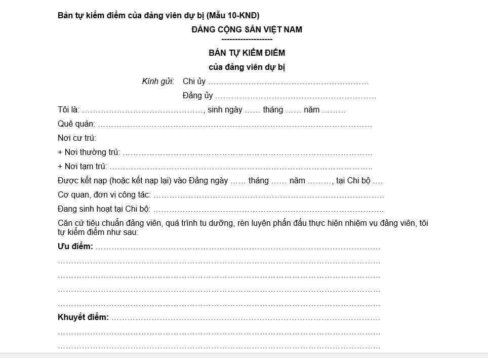 Mẫu bản tự kiểm điểm của Đảng viên dự bị 2025?