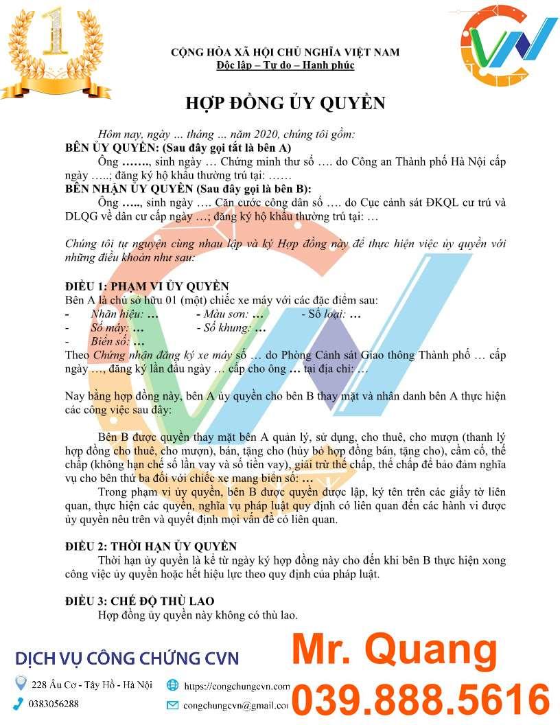 Mẫu Hợp Đồng Ủy Quyền Mua Bán Xe Máy