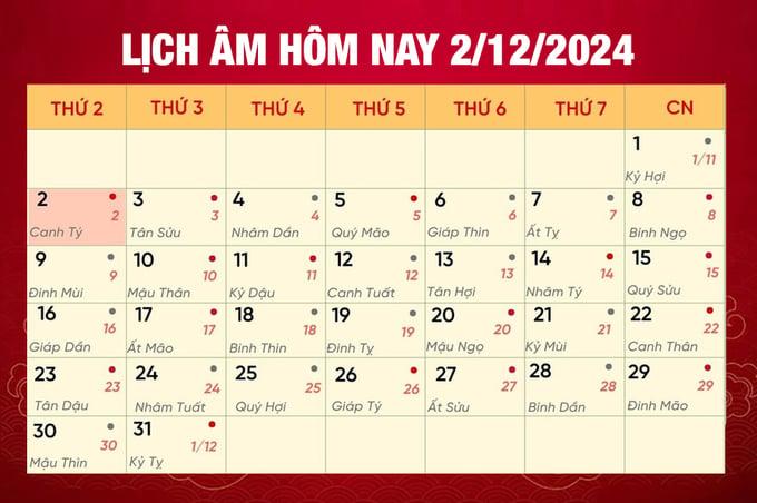 Lịch âm 2/12, xem âm lịch hôm nay Thứ 2 ngày 2/12/2024 đầy đủ nhất
