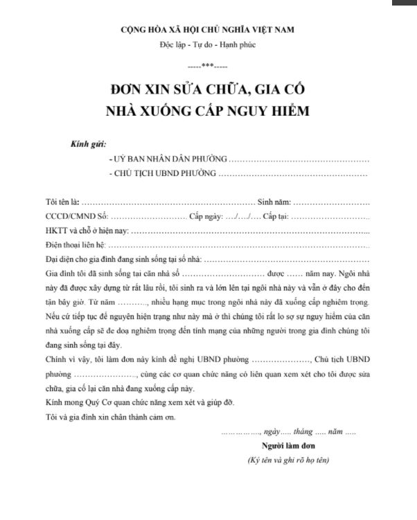 Mẫu đơn xin sửa chữa nhà mới nhất năm 2025 | cải tạo nhà cũ