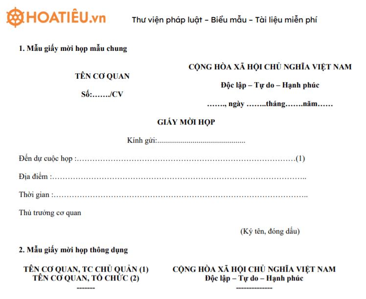 Mẫu giấy mời họp mới nhất