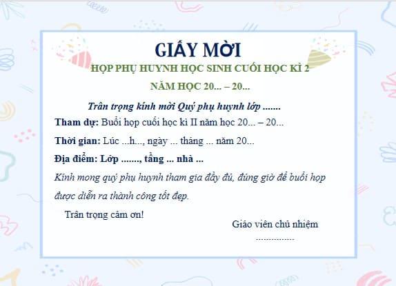 Mẫu giấy mời họp phụ huynh cuối học kì II