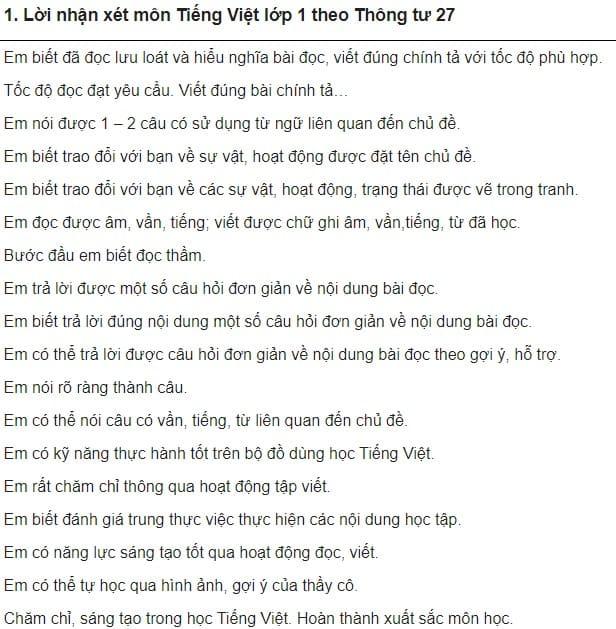 Mẫu nhận xét các môn học tiểu học theo Thông tư 27 năm 2025