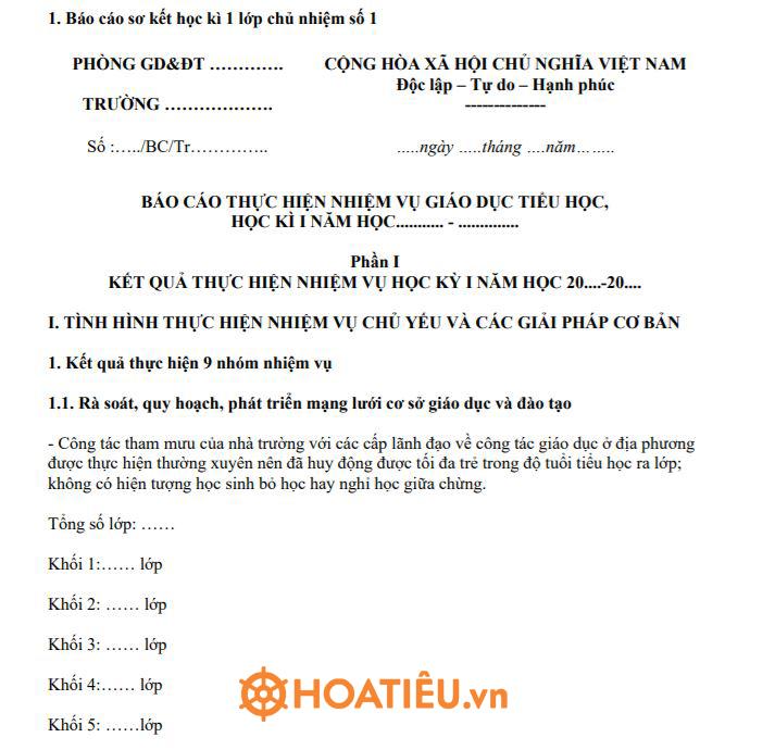 Mẫu sơ kết lớp học kì 1 của giáo viên chủ nhiệm