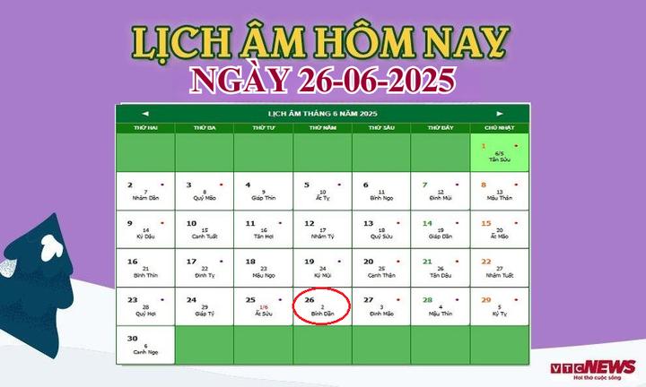 Lịch âm 26/6 - Âm lịch hôm nay 26/6 chính xác nhất - lịch vạn niên 26/6/2025