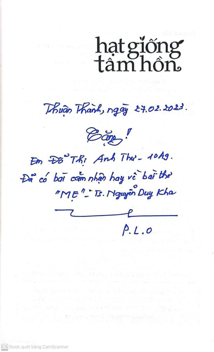 Cảm nhận bài thơ " Mẹ" - Ts Nguyễn Duy Kha của em Đỗ Anh Thư 10A9