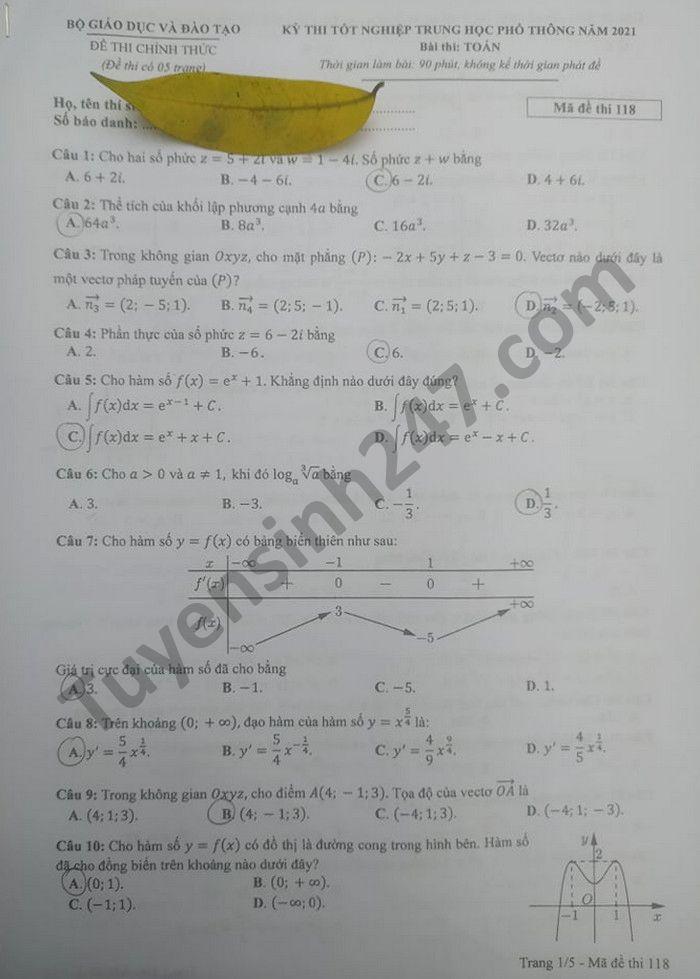 Đáp án đề thi THPT Quốc gia môn Toán 2021 mã đề 118 cập nhật mới nhất