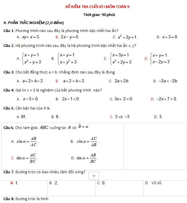 Đề thi cuối kì 1 Toán 9 Cánh Diều CV 7991