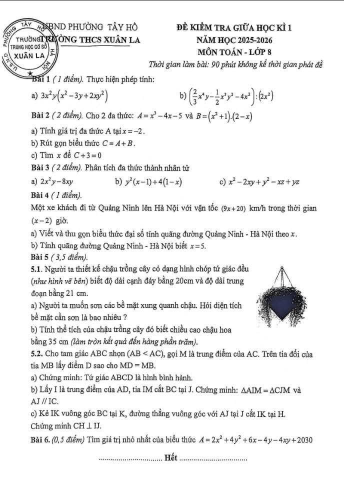 ĐÁP ÁN ĐỀ KIỂM TRA GIỮA HỌC KÌ 1 - TRƯỜNG THCS XUÂN LA - TÂY HỒ NĂM 2025 - 2026