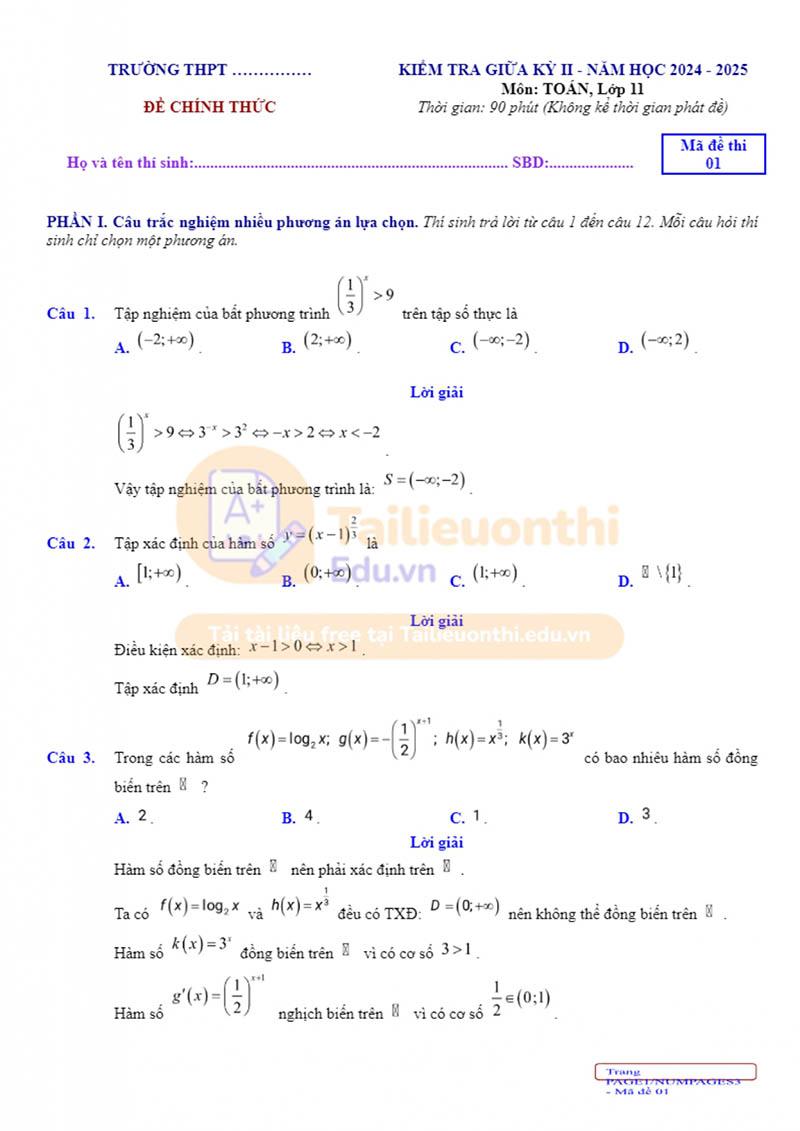 Bộ Đề Thi Giữa Kì 2 Toán 11 chương trình mới có đáp án
