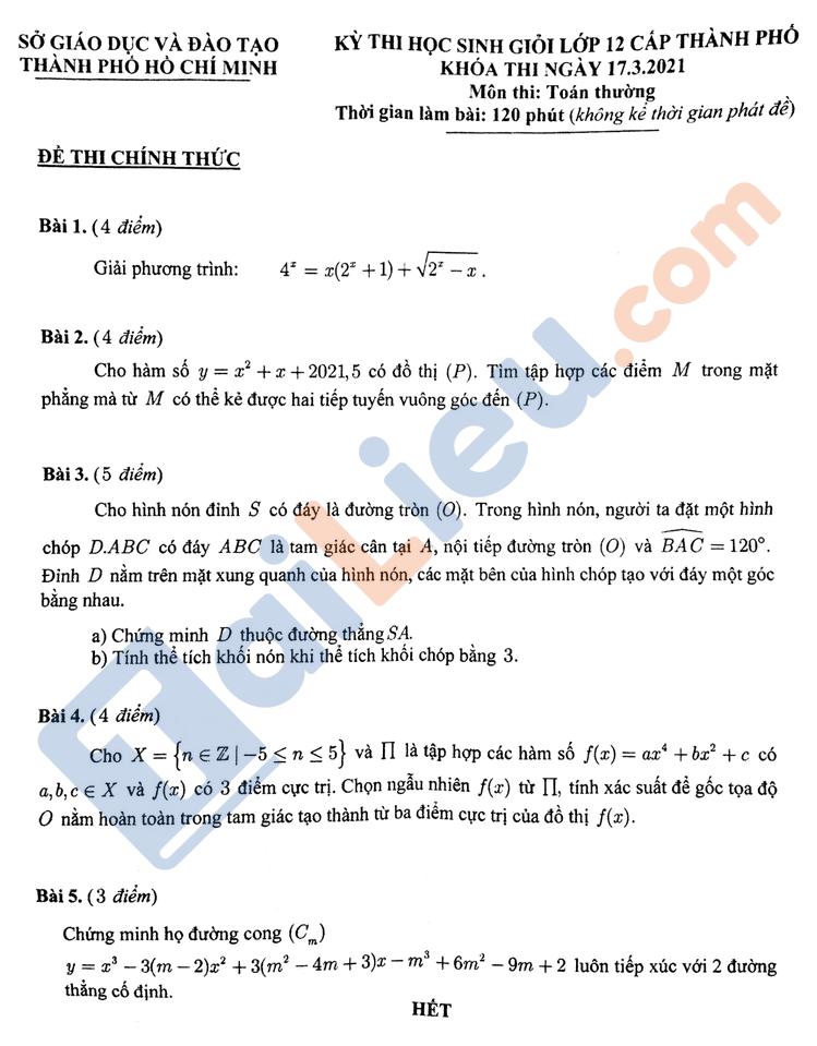 Đề thi học sinh giỏi Toán 12 có đáp án năm 2021 sở GD TP HCM