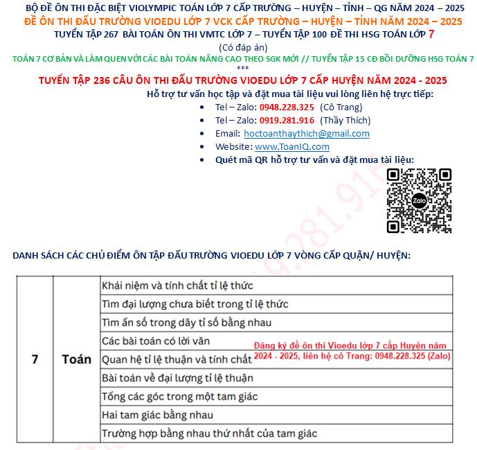 Đề ôn thi Đấu trường Vioedu lớp 7 cấp Huyện năm 2024 – 2025