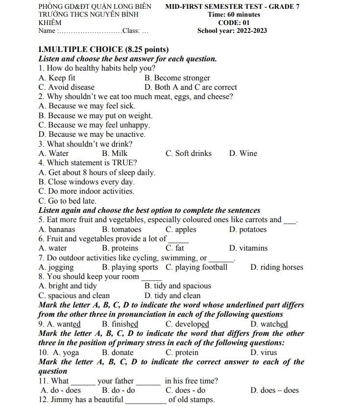Đề thi tiếng anh lớp 7 giữa học kì 1 và hướng dẫn giải chi tiết