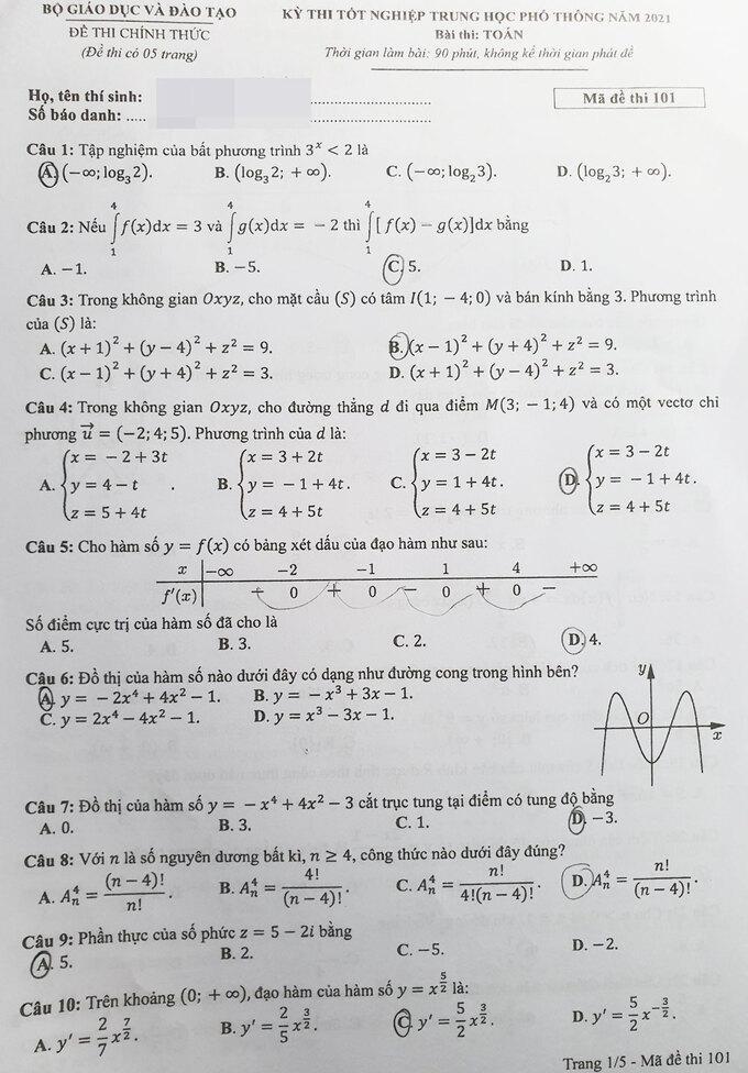 Đề thi toán thpt quốc gia 2021 có đáp án chi tiết các mã đề