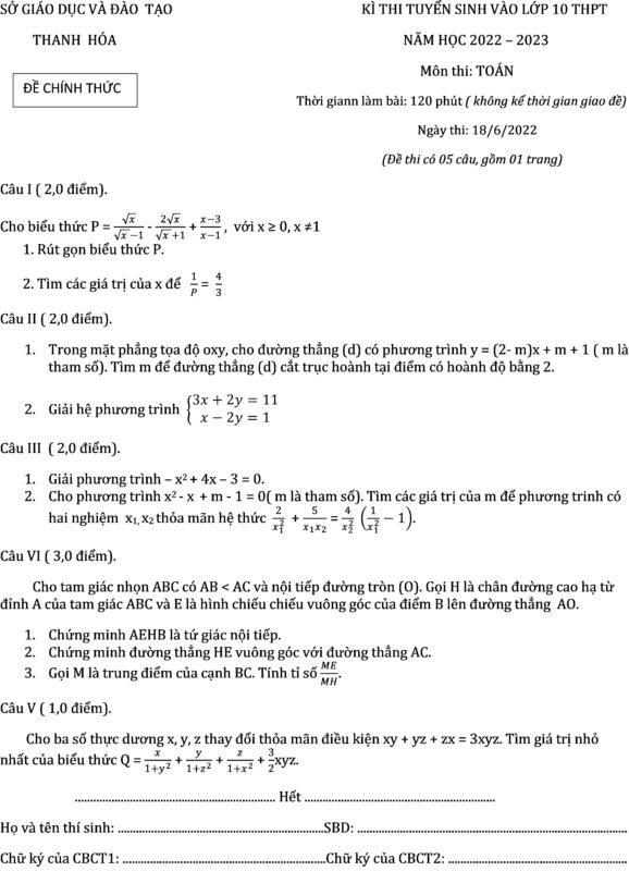 Đáp án đề thi vào lớp 10 môn toán Thanh Hóa năm học 2022 – 2023