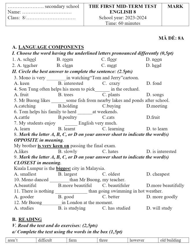Đề thi tiếng anh lớp 8 giữa học kì 1 và hướng dẫn giải chi tiết