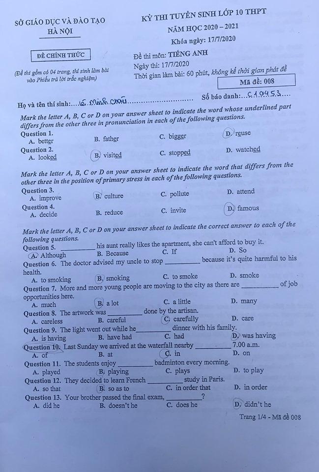 [Liên tục Update] Tổng hợp đáp án đề thi tuyển sinh lớp 10 năm 2020 tại Hà Nội