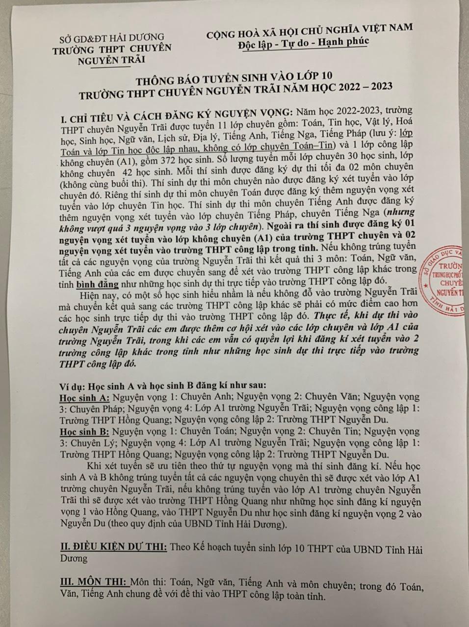 Thông báo tuyển sinh vào lớp 10 trường THPT chuyên Nguyễn Trãi năm học 2022-2023