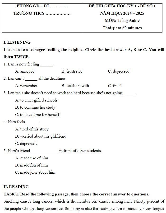 Đề thi tiếng anh lớp 9 giữa học kì 1 và hướng dẫn giải chi tiết