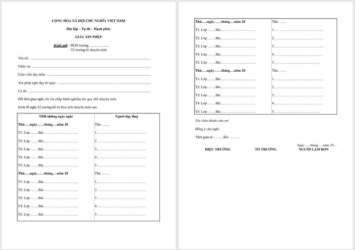 Mẫu đơn xin nghỉ phép của giáo viên file Word