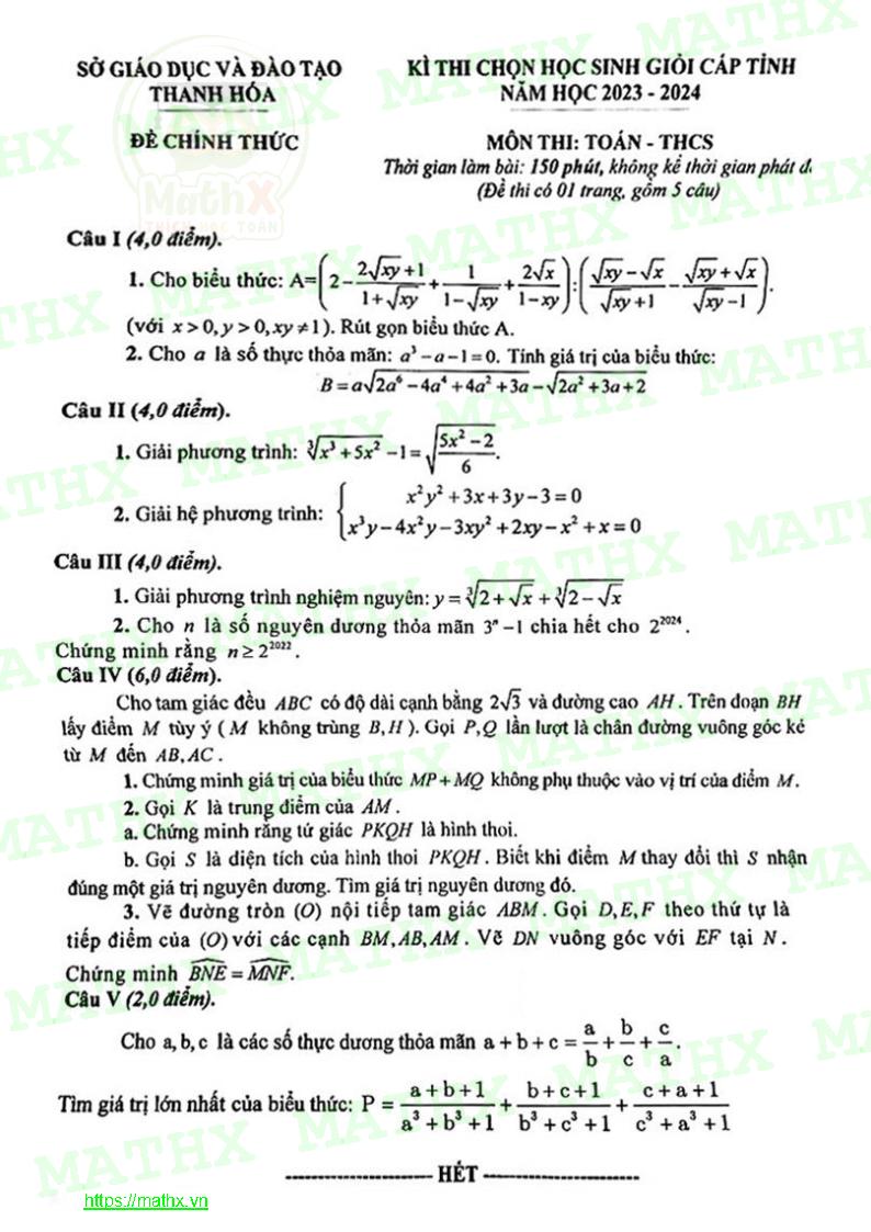 GIẢI CHI TIẾT ĐỀ HỌC SINH GIỎI CẤP TỈNH SỞ GDĐT THANH HÓA MÔN TOÁN THCS NĂM HỌC 2023 2024 - MATHX