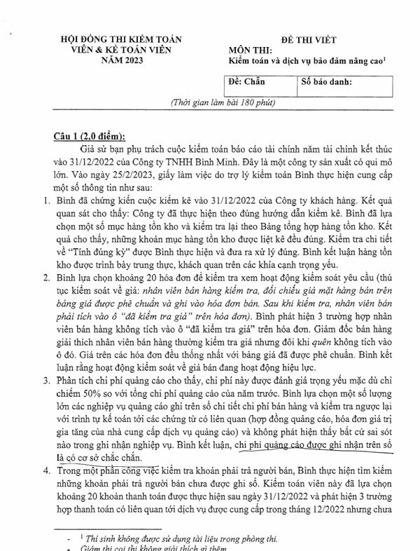 ĐỀ THI CPA VÀ ĐÁP ÁN THAM KHẢO MÔN KIỂM TOÁN 2023