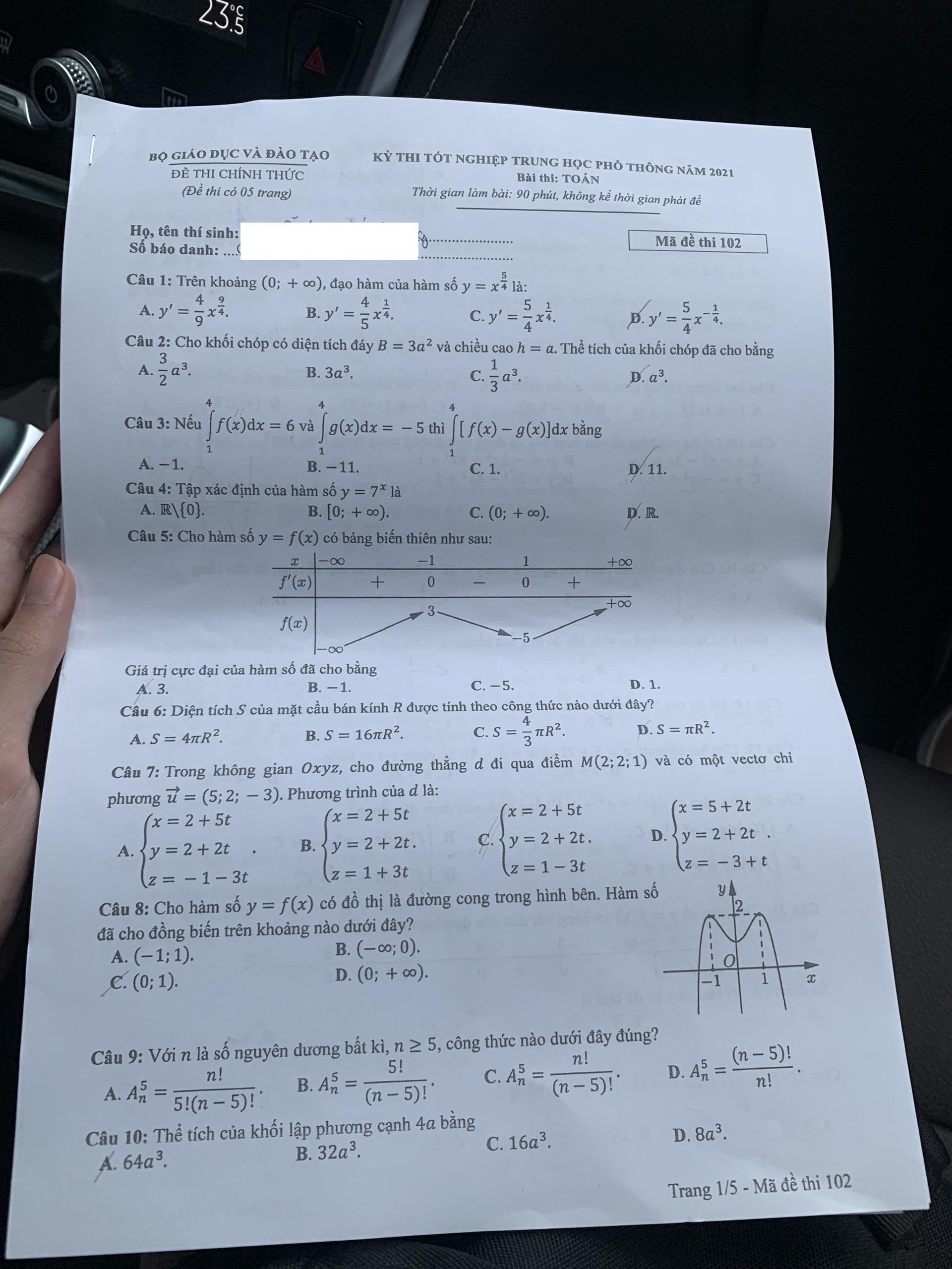 Đáp án đề thi THPT Quốc Gia 2021 môn Toán mã đề 102