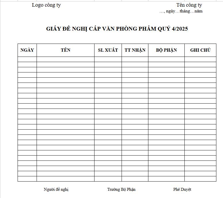 Mẫu bảng kê cấp văn phòng phẩm