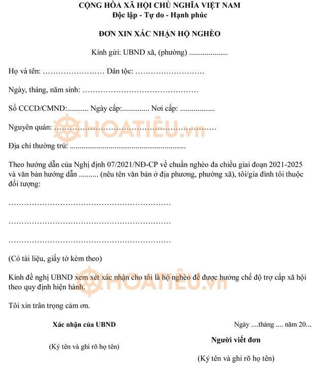 Mẫu đơn xin xác nhận hộ nghèo, hộ cận nghèo 2025 mới nhất