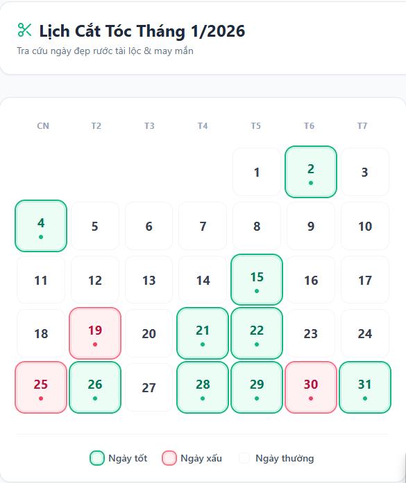 lịch cắt tóc tháng 1