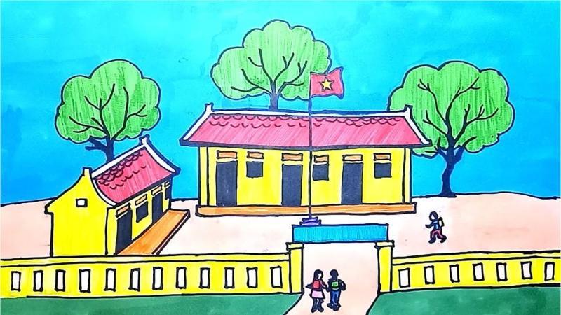 Hướng dẫn vẽ tranh trường học đơn giản cho học sinh