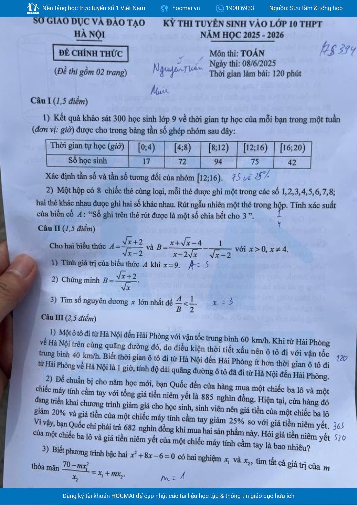 Thi vào 10: Đề thi tuyển sinh lớp 10 môn Toán Hà Nội năm 2025 – Hướng dẫn giải chi tiết