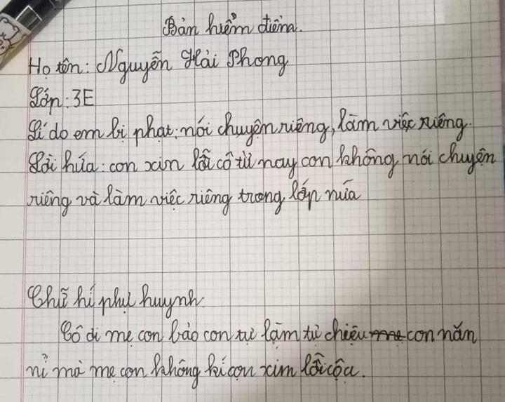 Cậu bé lớp 3 viết bản kiểm điểm vì nói chuyện riêng, xem tới chữ ký phụ huynh ai cũng bật cười