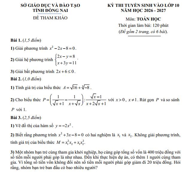 Đề thi tham khảo môn Toán tuyển sinh lớp 10 năm 2026-2027 tỉnh Đồng Nai và đáp án