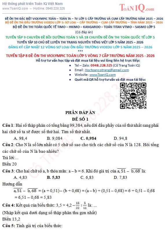 Đề thi trải nghiệm Violympic Toán lớp 5 Vòng 7 cấp Trường năm 2025 – 2026