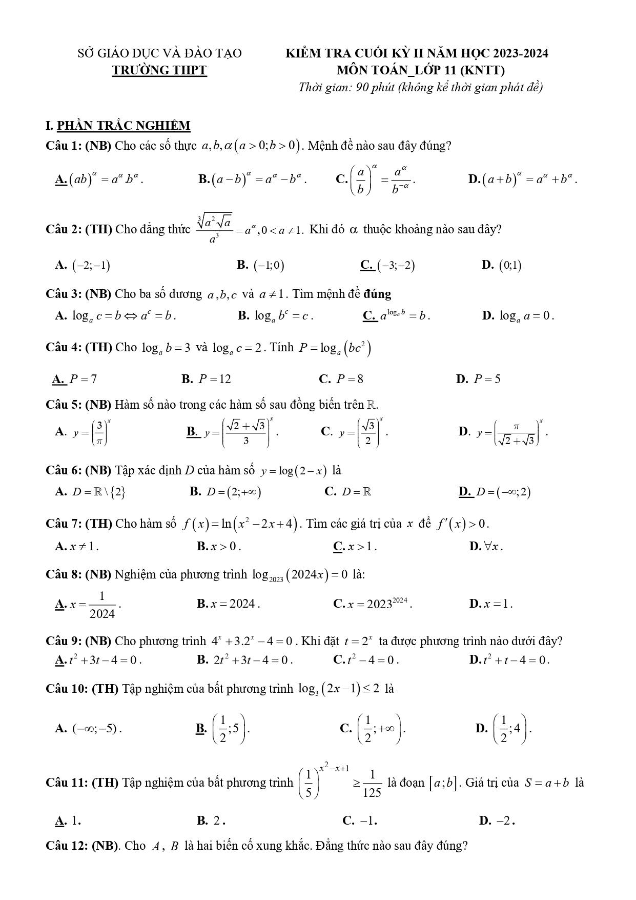 Tổng hợp đề thi học kì 2 lớp 11 môn toán Kết nối tri thức, chân trời sáng tạo, cánh diều