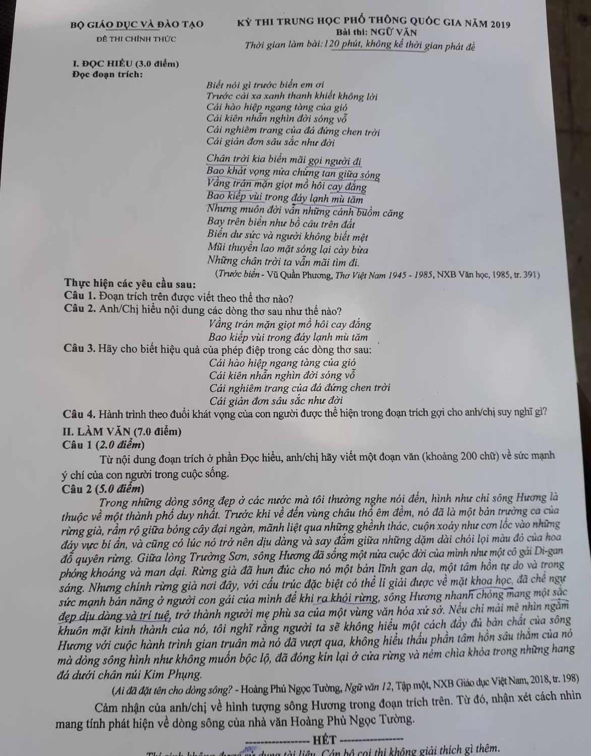 Đề thi môn ngữ văn THPT quốc gia 2019 chính thức của Bộ GD-ĐT