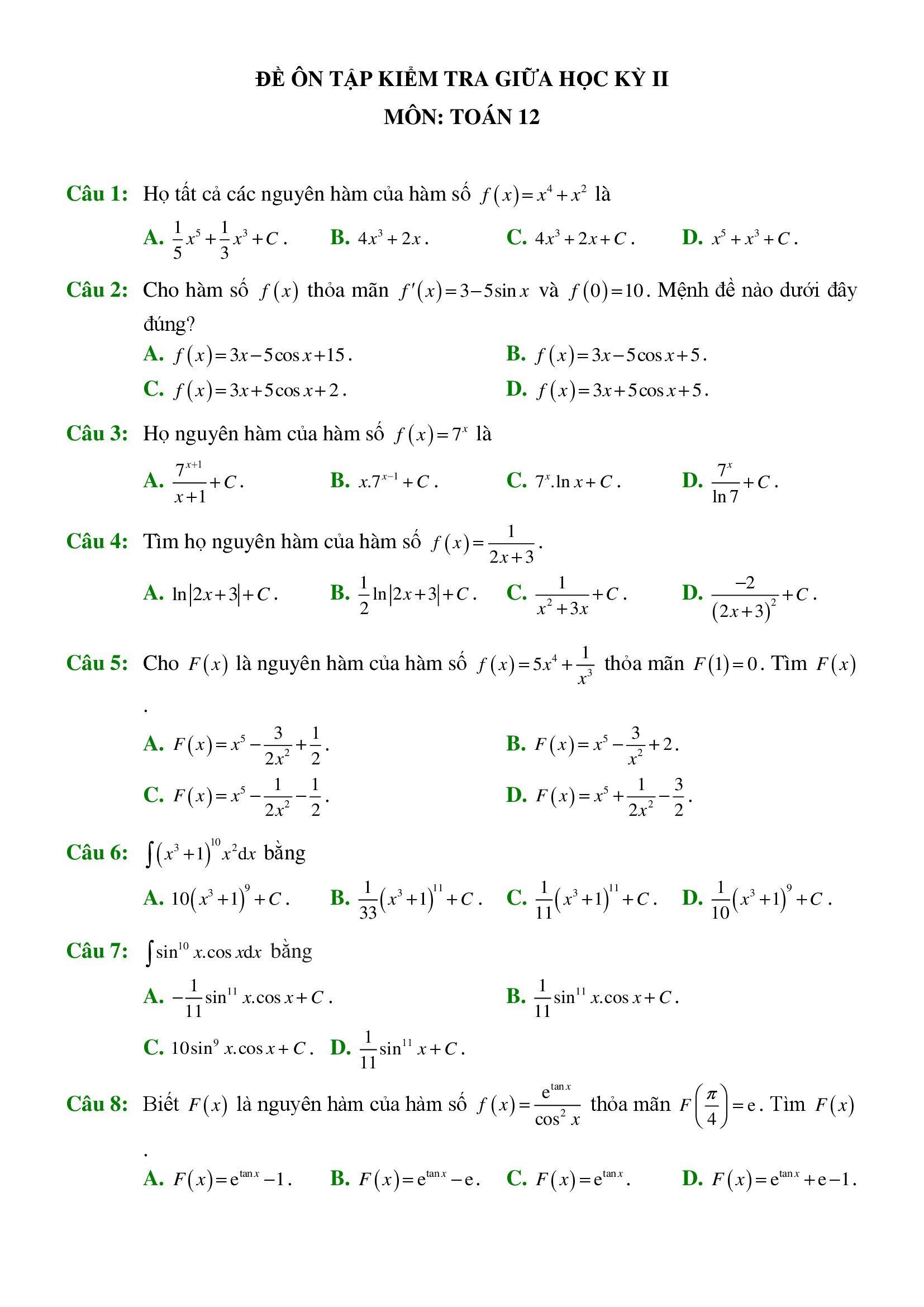 Tổng hợp đề thi giữa kì 2 môn Toán 12 có đáp án