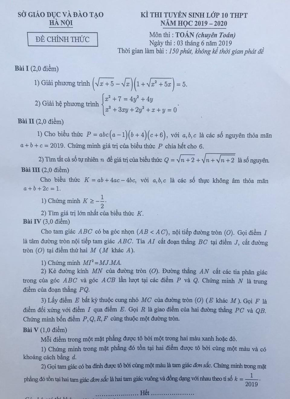 Đề thi môn Toán vào lớp 10 chuyên của Hà Nội năm 2019