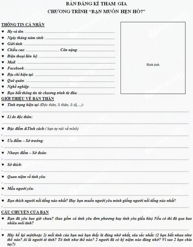 Mẫu đơn đăng ký tham gia chương trình Bạn muốn hẹn hò