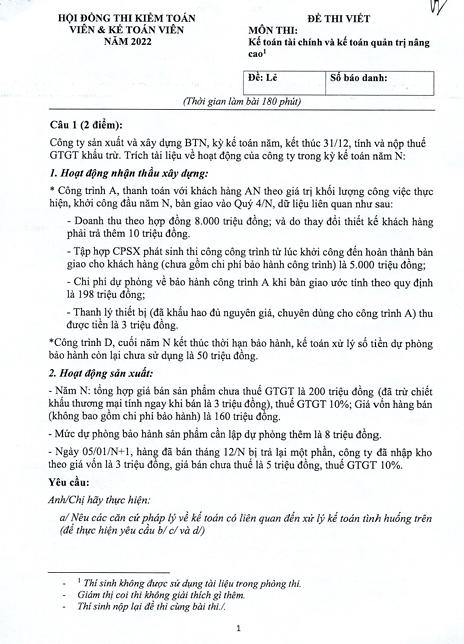 Đề thi CPA Môn Kế toán 2022 Có đáp án tham khảo
