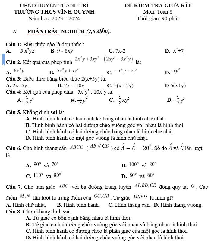 Đề thi học kì 1 lớp 8 môn toán và hướng dẫn giải chi tiết